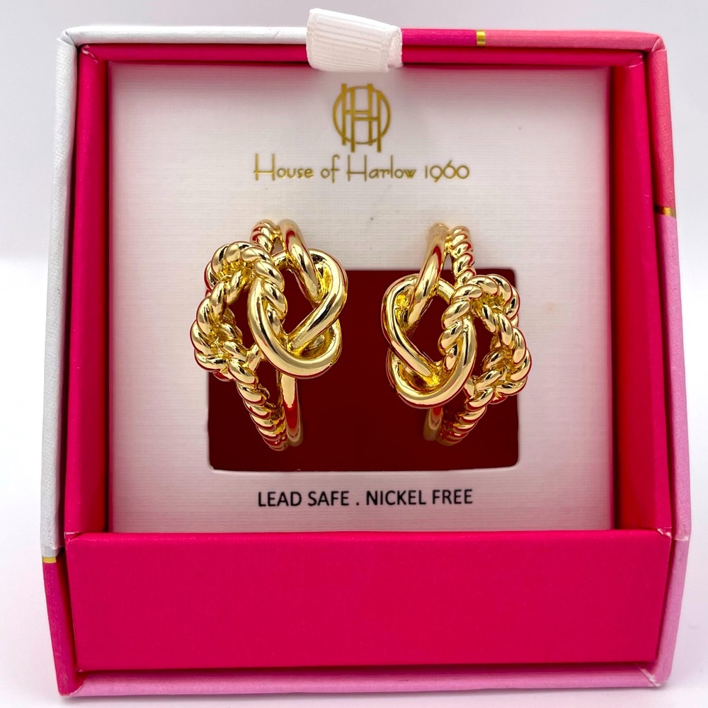 House of Harlow 1960 Gold Tone Knotted Hoop Post Earrings NIB